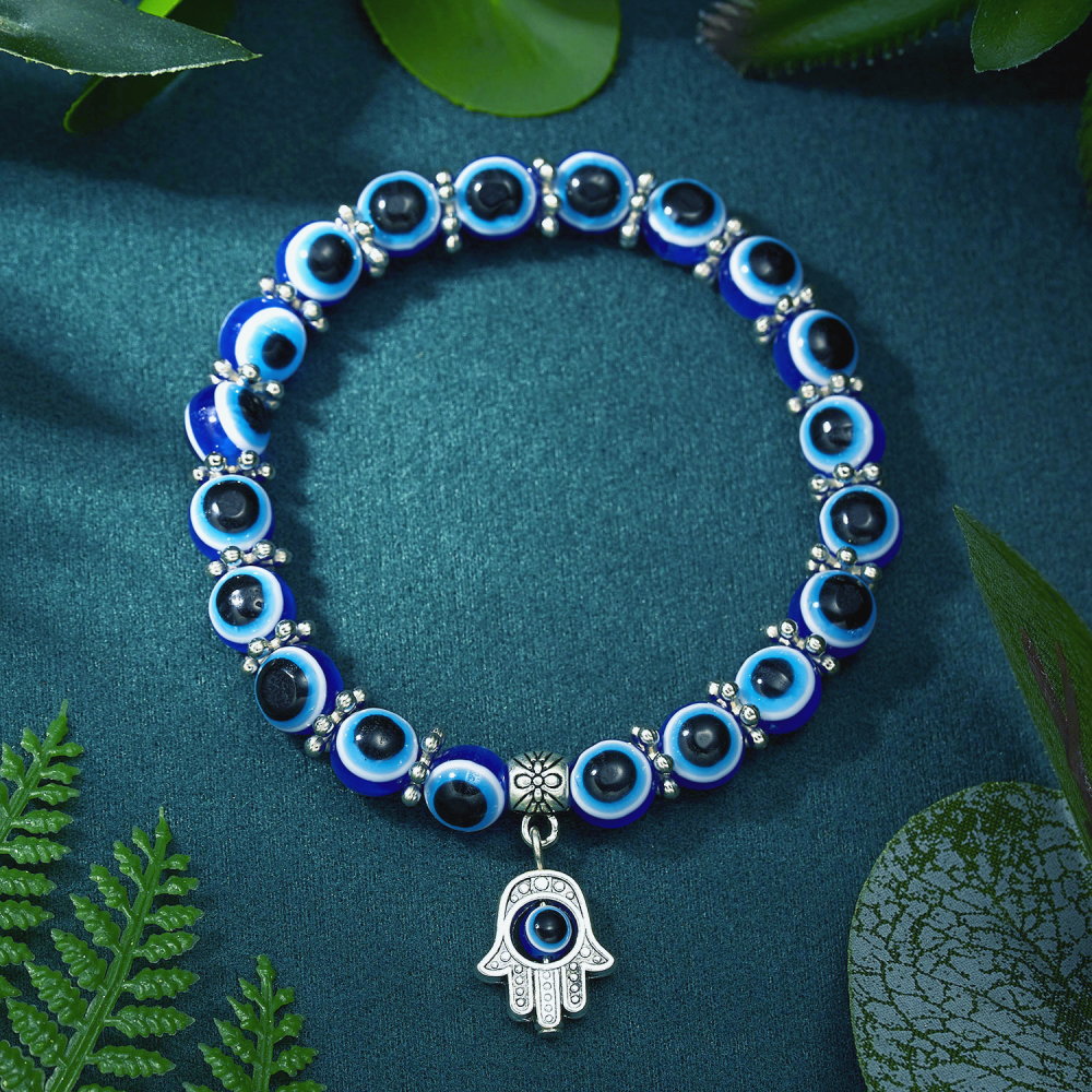 Turkish Lucky Evil Eye Bracelets for Men Women Blue Evil Eye Palm Butterfly Pendant Beads Bracelet Bangle Handmade Charm Jewelry