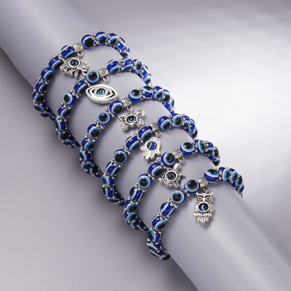 Turkish Lucky Evil Eye Bracelets for Men Women Blue Evil Eye Palm Butterfly Pendant Beads Bracelet Bangle Handmade Charm Jewelry